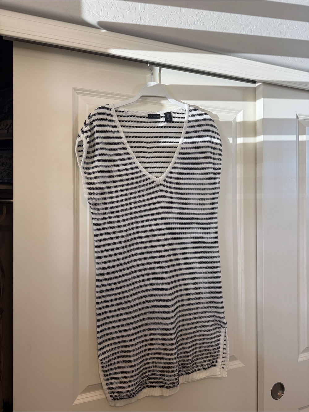 Striped V-Neck Knit Tunic swim cover up- White & black